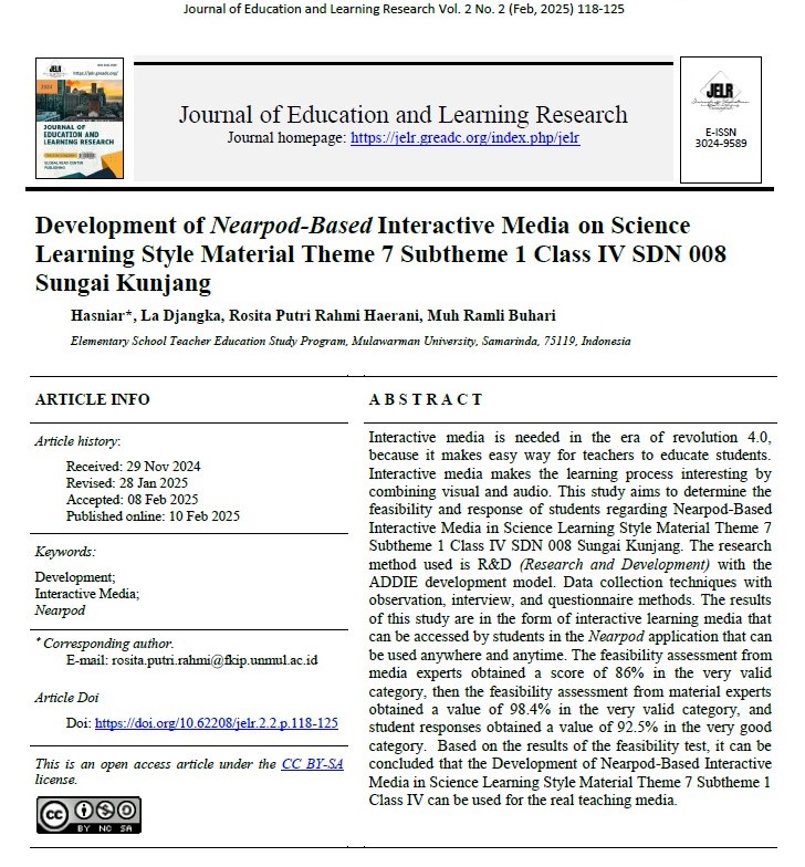 Development of Nearpod-Based Interactive Media on Science Learning Style Material Theme 7 Subtheme 1 Class IV SDN 008 Sungai Kunjang